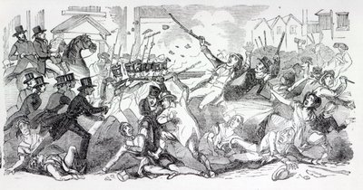 プレストンのプラグプロットライオット、「The Illustrated London News」からのイラスト、1842年8月 作： English School